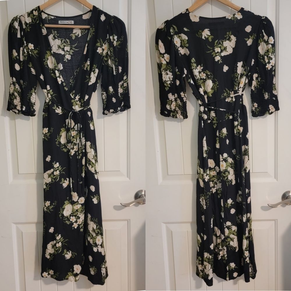 Reformation Esmerelda Floral Wrap Midi Dress Black White Size S